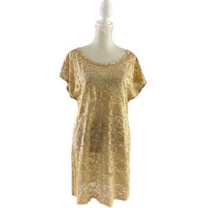 Sheer lace mini shift dress in golden yellow size large